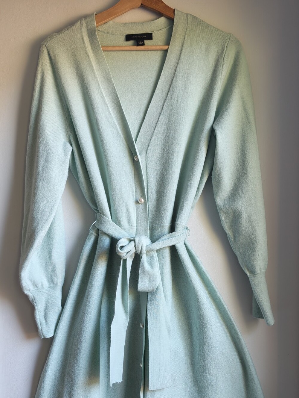 Ann Taylor Pale Green sweater dress features elegant pearlized buttons L
